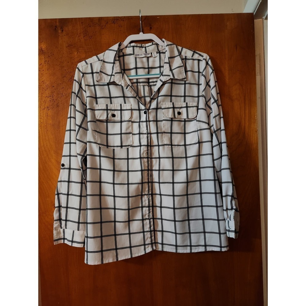 Womens White Plaid Button Up